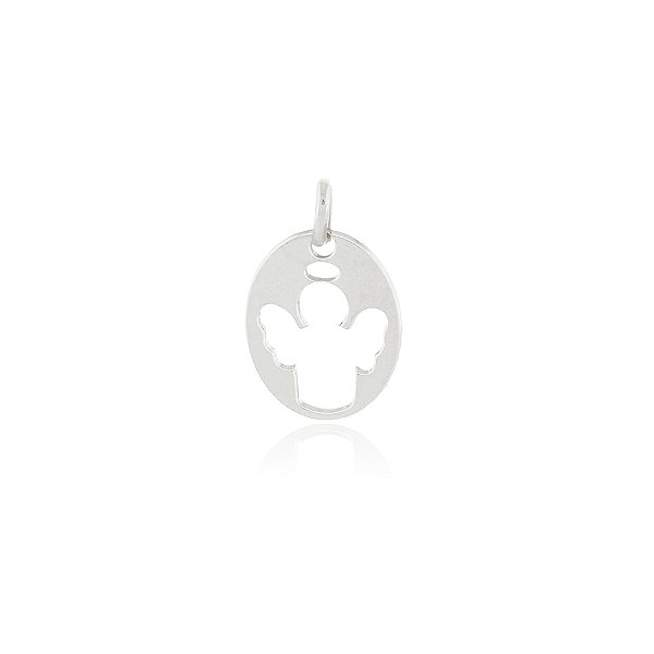 PINGENTE MEDALHA OVAL ANJO BANHADO EM RÓDIO BRANCO