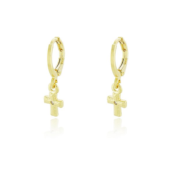 BRINCO DE ARGOLA COM PINGENTE CRUCIFIXO TRABALHADO EM ZIRCÔNIA CRISTAL