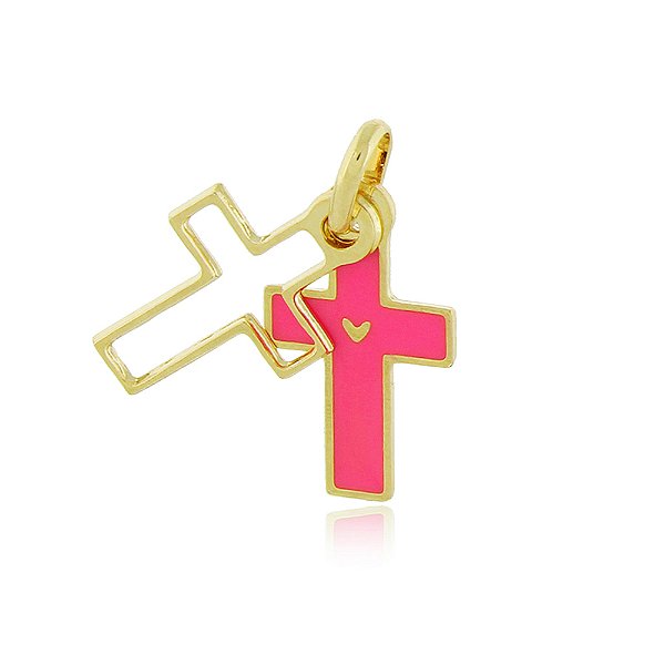 PINGENTE CRUCIFIXO DUPLO CORAÇÃO COLORIDO EM RESINA NEON