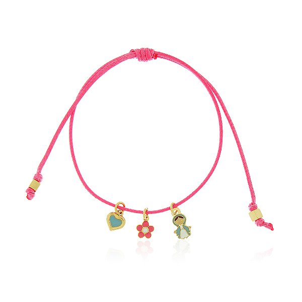 PULSEIRA INFANTIL CORDÃO ROSA PINGENTES NOSSA SENHORA DAS GRAÇAS