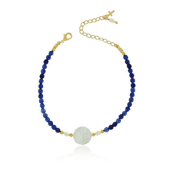 PULSEIRA ADULTO JADE COR SAFIRA COM MEDALHA SÃO BENTO MADREPÉROLA