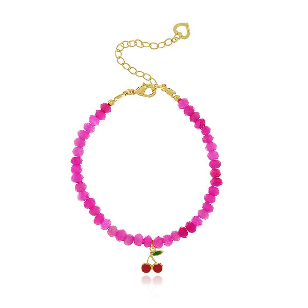 PULSEIRA INFANTIL JADE COR PINK COM PINGENTE CEREJA