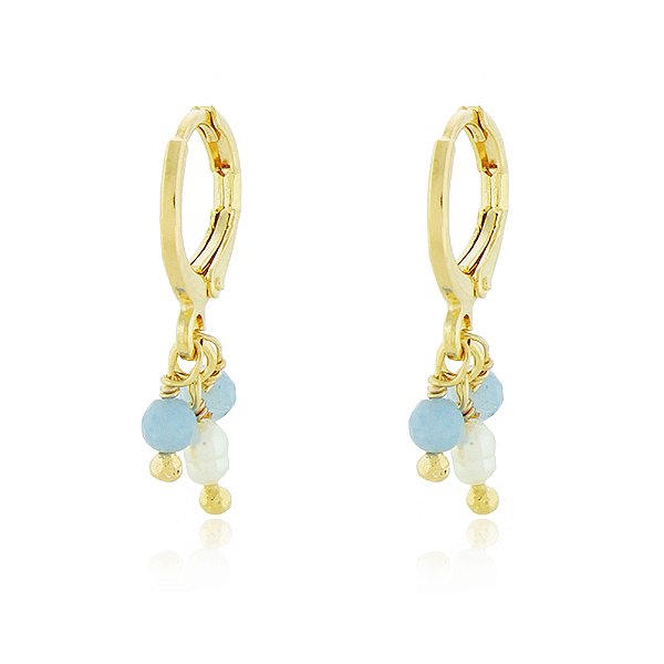 BRINCO DE ARGOLA COM PINGENTES JADE COR AZUL E PÉROLA DE ÁGUA DOCE