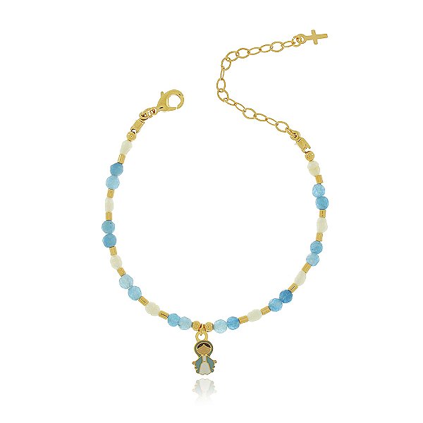 PULSEIRA INFANTIL JADE E PÉROLA DE ÁGUA DOCE COM PINGENTE NOSSA SENHORA DAS GRAÇAS