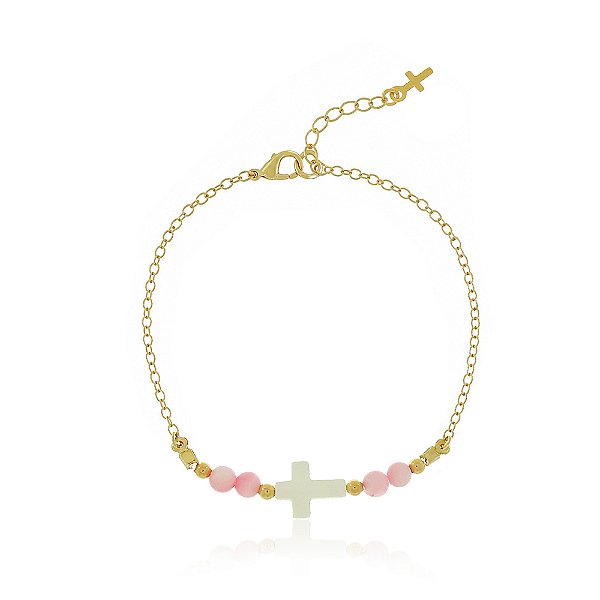 PULSEIRA INFANTIL MADREPÉROLA NATURAL E ROSA COM CRUCIFIXO