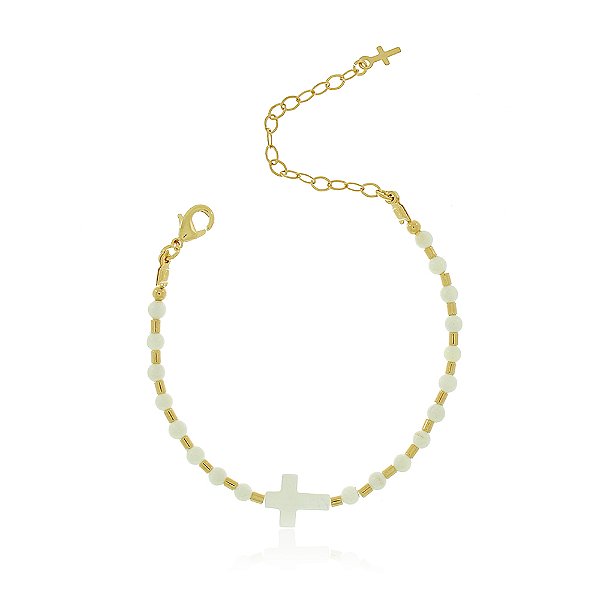 PULSEIRA INFANTIL MADREPÉROLA CRUCIFIXO E PÉROLA SHELL