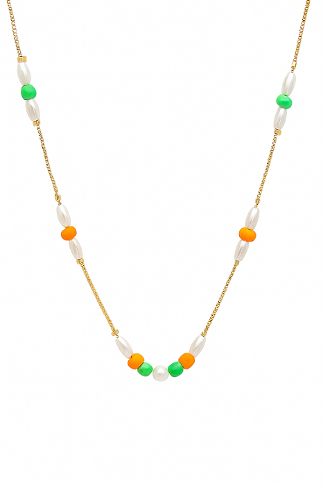 GARGANTILHA VENEZIANA COM DETALHES NEON LARANJA E VERDE E PÉROLAS