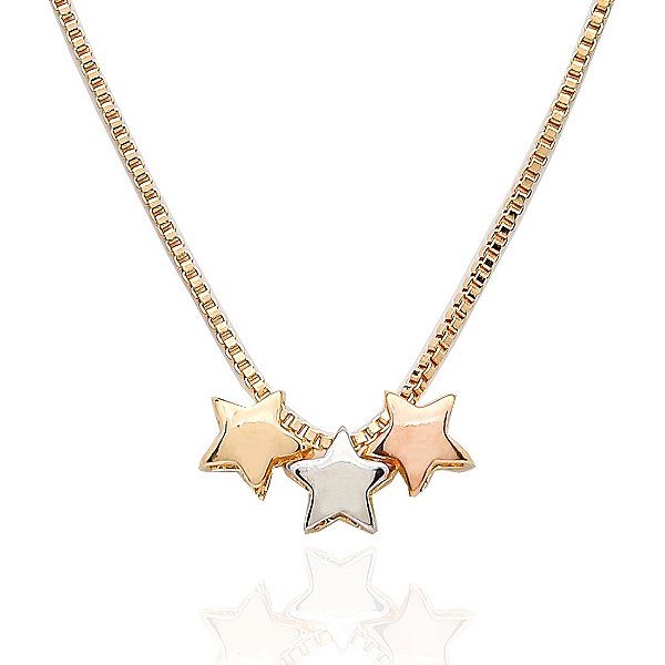 GARGANTILHA VENEZIANA COM PINGENTE ESTRELAS BANHADAS EM OURO 18K, OURO ROSÊ E RÓDIO BRANCO