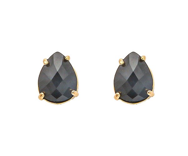 BRINCO PONTO DE LUZ GOTA 1,0 CM CRISTAL COR ÔNIX BANHADO A OURO 18K