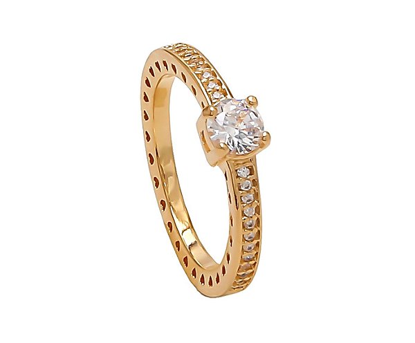 ANEL SOLITÁRIO MICROZIRCÔNIAS CRISTAIS COM DETALHES CORAÇÕES BANHADA A OURO 18K