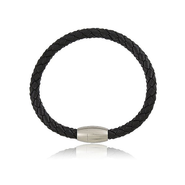 PULSEIRA MASCULINA COURO PRETO TRANÇADO COM FECHO MAGNÉTICO EM AÇO