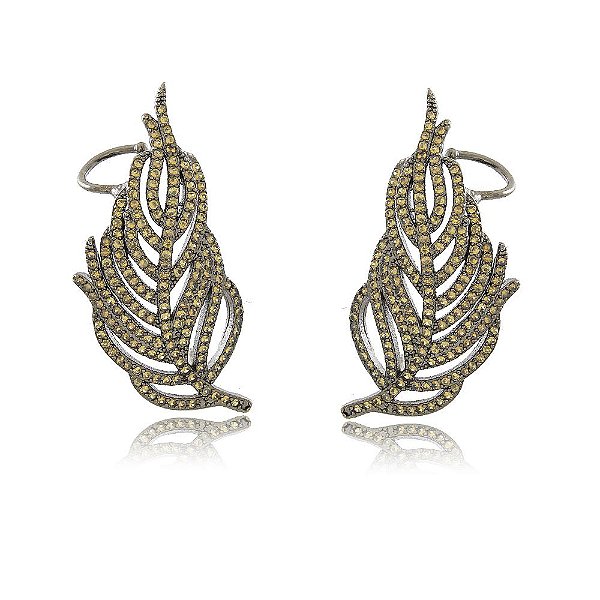 BRINCO EARCUFF FOLHAS MICROZIRCÔNIAS CHAMPAGNE BANHADO EM RÓDIO NEGRO