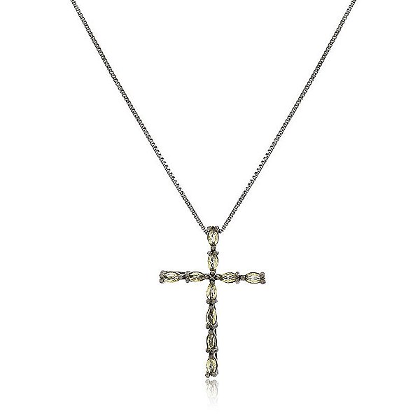 GARGANTILHA VENEZIANA COM PINGENTE CRUCIFIXO TRABALHADO EM CRISTAIS COR CITRINO BANHADA EM RÓDIO NEGRO