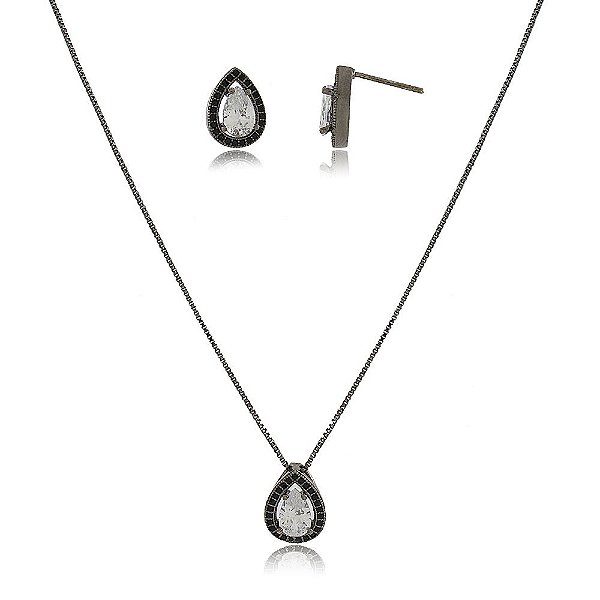 CONJUNTO DE BRINCOS E GARGANTILHA COM PINGENTE TRABALHADOS EM MICROZIRCÔNIAS COR ÔNIX E GOTA ZIRCÔNIA CRISTAL