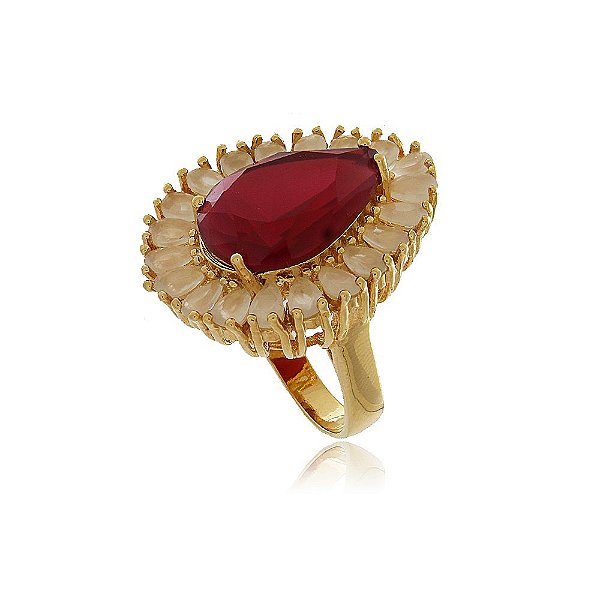 ANEL GRANDE TRABALHADO COM CRISTAIS GOTAS COR RUBI E VELA BANHADO A OURO 18K