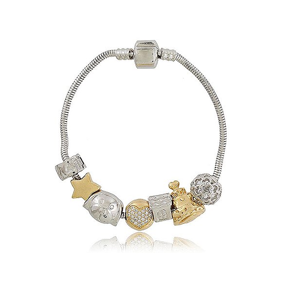 PULSEIRA 18 CM BANHADA EM RÓDIO BRANCO COM BERLOQUES BANHADOS A OURO 18K E RÓDIO BRANCO