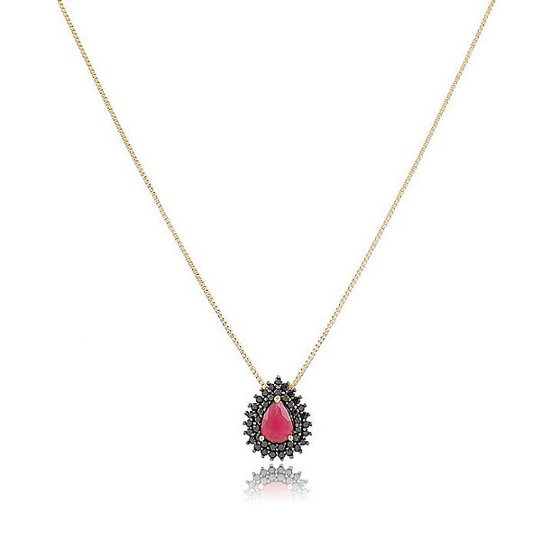 GARGANTILHA VENEZIANA DE 45 CM COM PINGENTE GOTA TRABALHADA EM CRISTAL COR RUBI E MICROZIRCÔNIAS COR ÔNIX BANHADO A OURO 18K