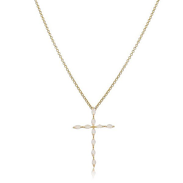 GARGANTILHA ELO PORTUGUÊS DE 60 CM COM PINGENTE CRUCIFIXO TRABALHADO EM CRISTAIS COR VELA BANHADO A OURO 18K
