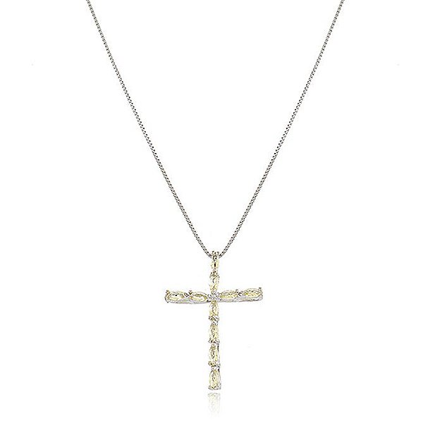 GARGANTILHA VENEZIANA DE 50 CM COM PINGENTE CRUCIFIXO TRABALHADO EM CRISTAIS COR CITRINO BANHADO EM RÓDIO BRANCO