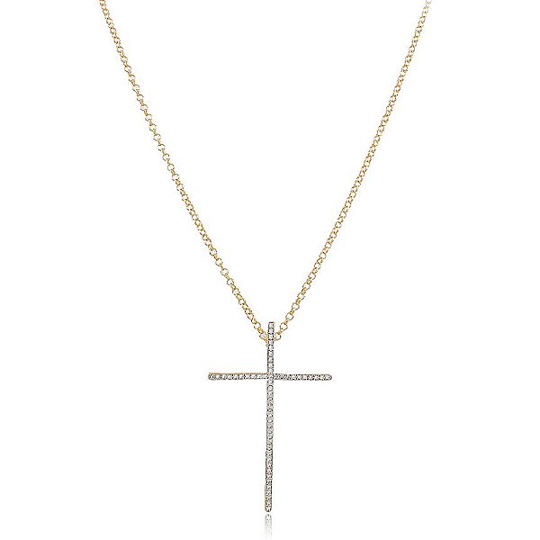 GARGANTILHA ELO PORTUGUÊS 70 CM COM PINGENTE CRUCIFIXO GRANDE TRABALHADO EM ZIRCÔNIAS CRISTAIS BANHADO A OURO 18K