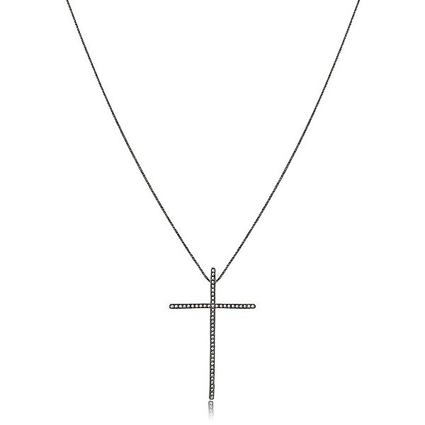 GARGANTILHA ESTILO ROLETÊ COM 70 CM COM PINGENTE CRUCIFIXO GRANDE TRABALHADO EM ZIRCÔNIAS CRISTAIS BANHADO EM RÓDIO NEGRO