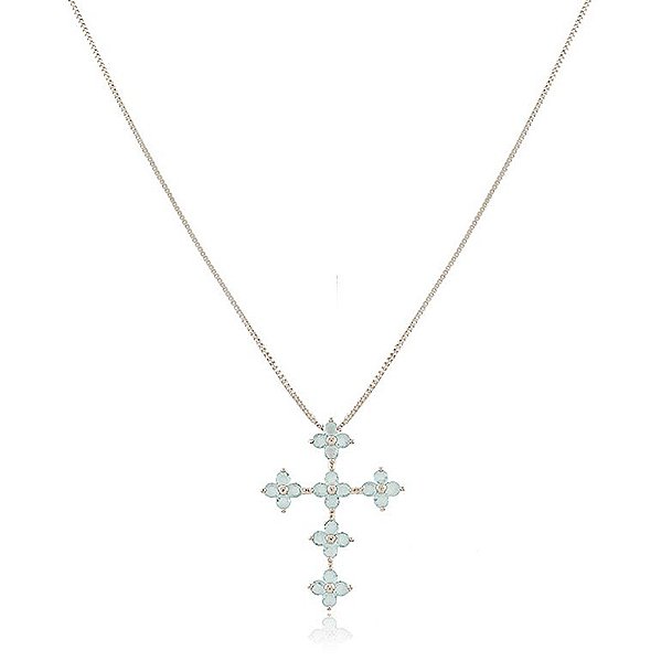 GARGANTILHA VENEZIANA DE 60 CM COM PINGENTE CRUCIFIXO FLORES CRISTAIS COR TURMALINA BANHADO EM RÓDIO BRANCO