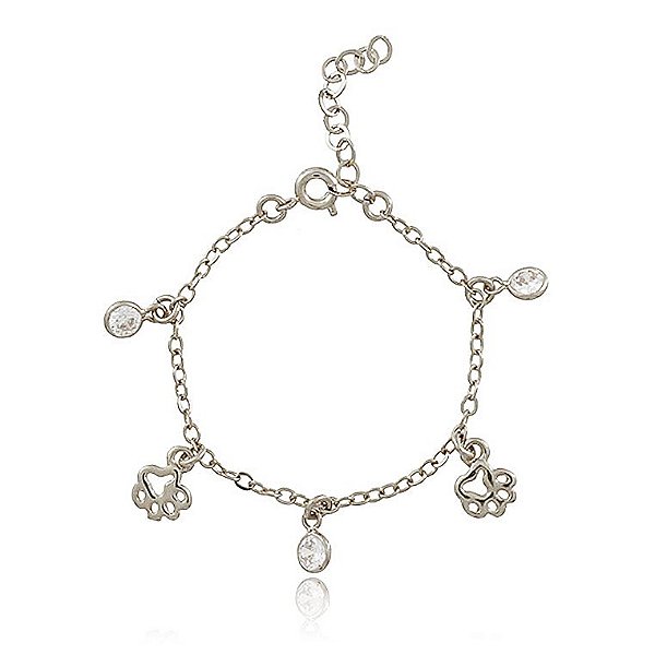 PULSEIRA INFANTIL COM ZIRCÔNIAS CRISTAIS E PINGENTES PATINHAS BANHADA EM RÓDIO BRANCO