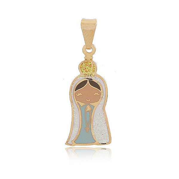 PINGENTE NOSSA SENHORA DE FÁTIMA BANHADO A OURO 18K COLORIDO EM RESINA