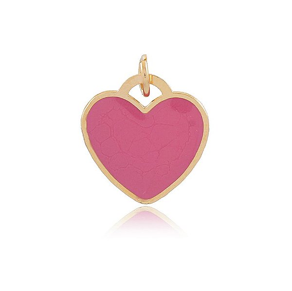 PINGENTE CORAÇÃO 1,6 CM BANHADO A OURO 18K E COLORIDO EM RESINA ROSA