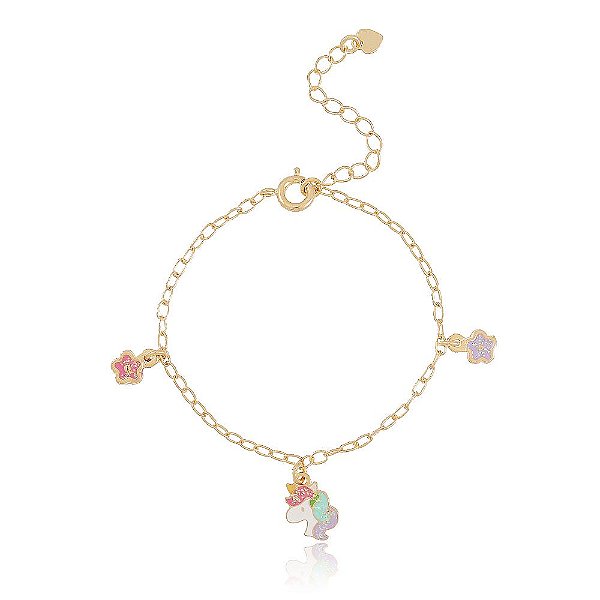 PULSEIRA INFANTIL COM DETALHES CABEÇA DE UNICÓRNIO E FLORZINHAS COLORIDAS EM RESINA