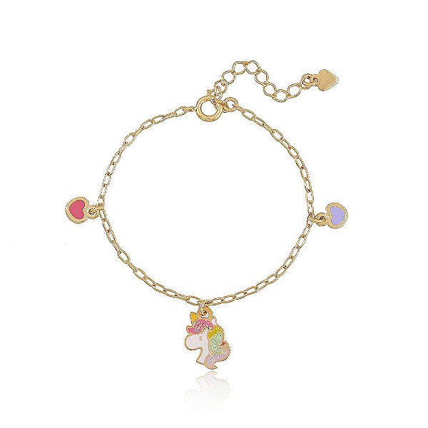 PULSEIRA INFANTIL COM PINGENTES CABEÇA DE UNICÓRNIO E CORAÇÕES COLORIDOS EM RESINA