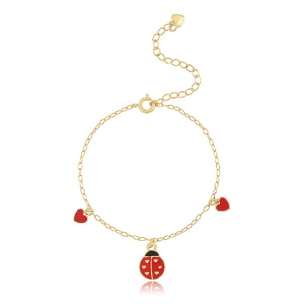 PULSEIRA INFANTIL COM JOANINHA E CORAÇÕES COLORIDOS EM RESINA
