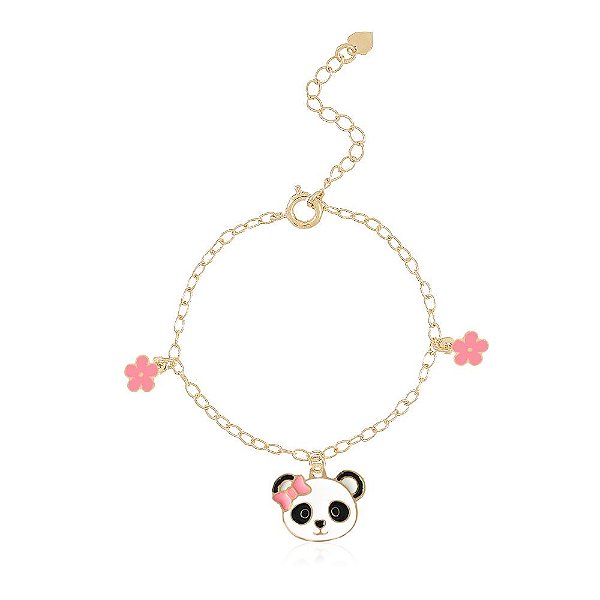 PULSEIRA INFANTIL PANDA COM FLORZINHAS COLORIDOS EM RESINA