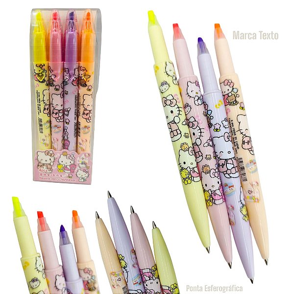 KIT CANETA E MARCA TEXTO 4 CORES - MODEL0 01 HELLO KITTY