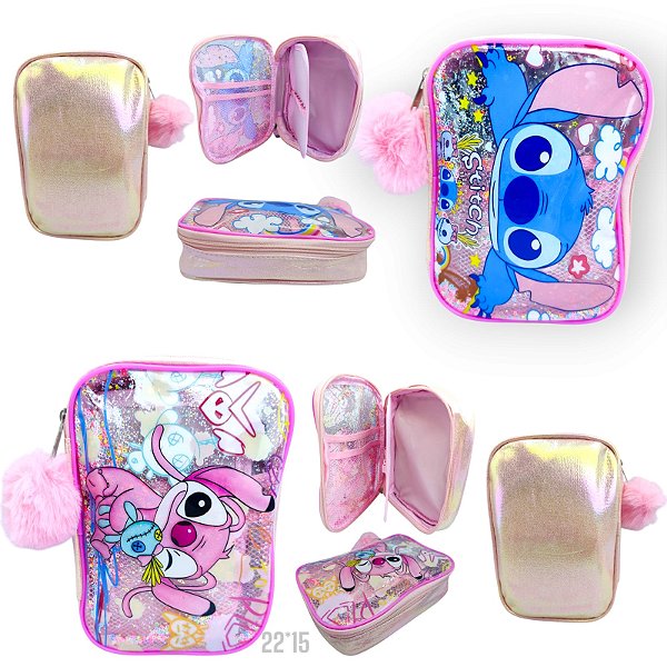 ESTOJO 100 PENS COM LANTEJOULAS ROSA ( STITCH/ANGEL) UN