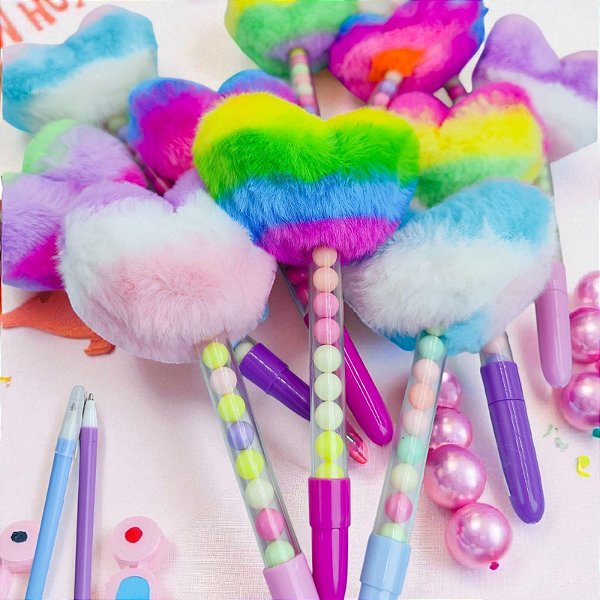 SUPER PROMO -CANETA CORAÇÃO MIÇANGAS COLOR POMPOM