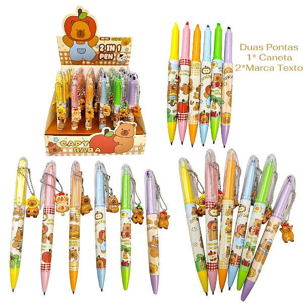 CANETA + MARCA TEXTO (  2 PONTAS) - CAPIVARA PINGENTE