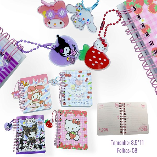 MINI CADERNETA PINGENTE  SANRIO 4 PERSONAGENS - 4 PEÇAS