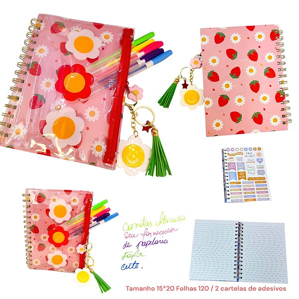 KIT CADERNO PRESENTE MORANGOS E MARGARIDAS