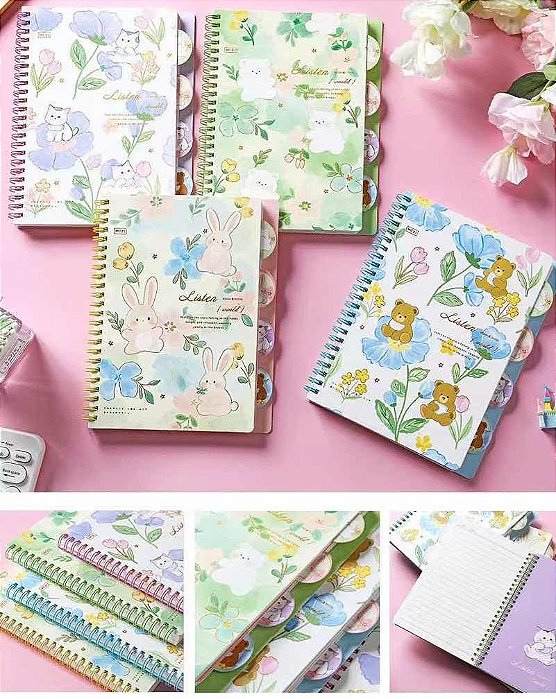 CADERNO CAPA DURA FLORAL PETS LISTEN - UN CORES DIVERSAS