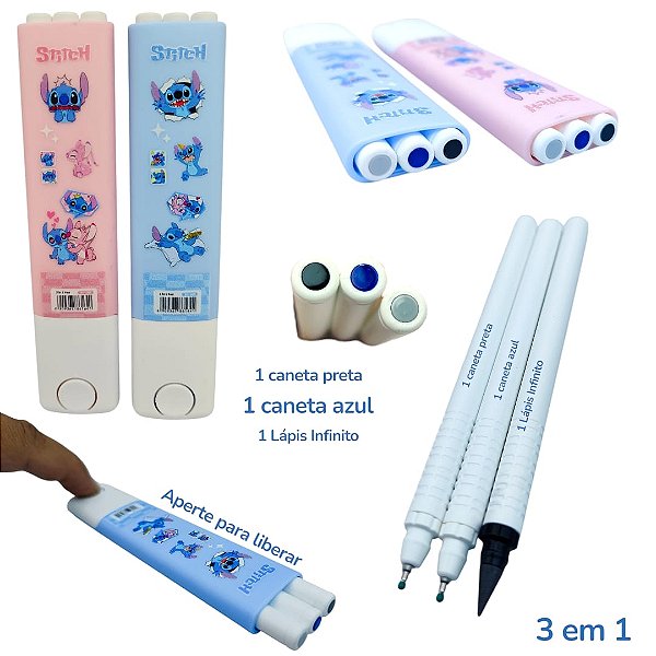 KIT ESTOJINHO PORTATIL 3 EM 1 STITCH ( LAPIS INFINITO/ CANETA AZUL E PRETA)