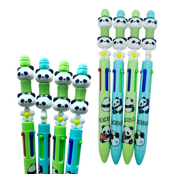 CANETA 4 CORES PANDA ROSTINHO E FLOR