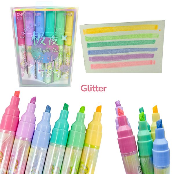 MARCA TEXTO EFEITO GLITTER - TINTA LIQUIDA -6 CORES