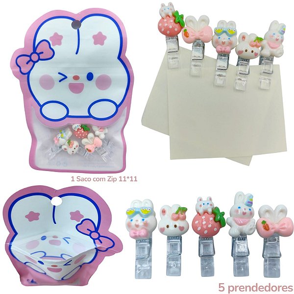 MINI PRENDEDORES COELHO - ZIP COM 5 PEÇAS