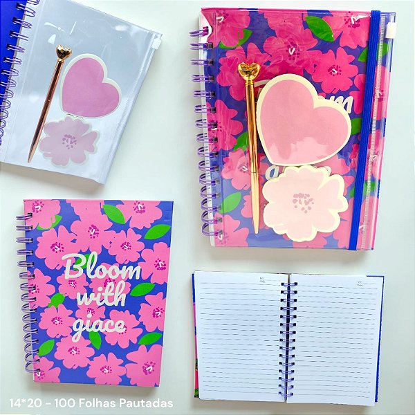 KIT PRESENTE CADERNO/ POST IT E CANETA FLORAL AZUL BLOOM