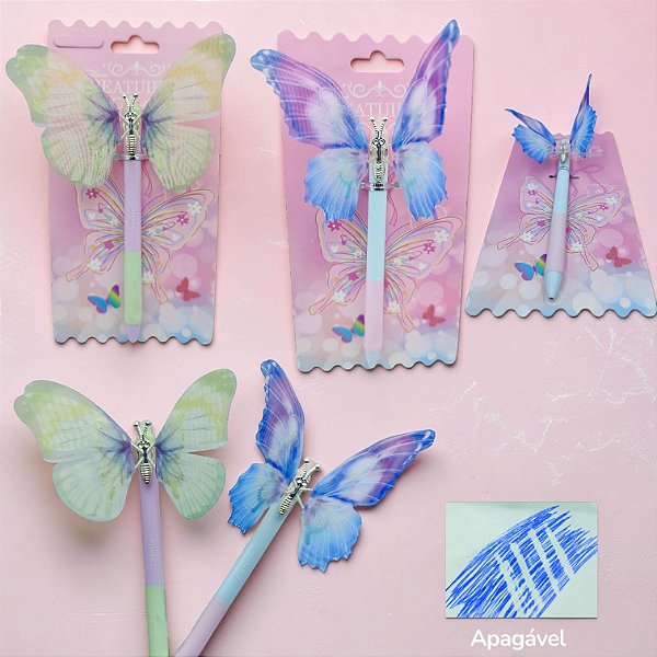 CANETA APAGAVEL BORBOLETA REALISTA 3D - UNIDADE CORES DIVERSAS