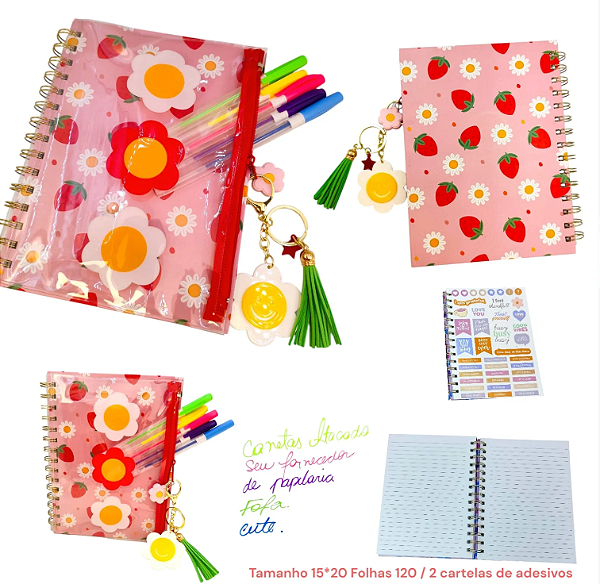 KIT CADERNO PRESENTE MORANGO E FLORES - un