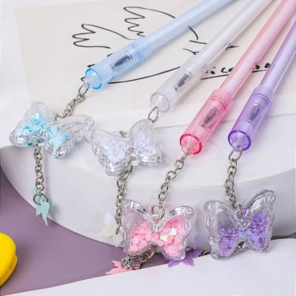 CANETA BORBOLETA CRISTAL PINGENTE