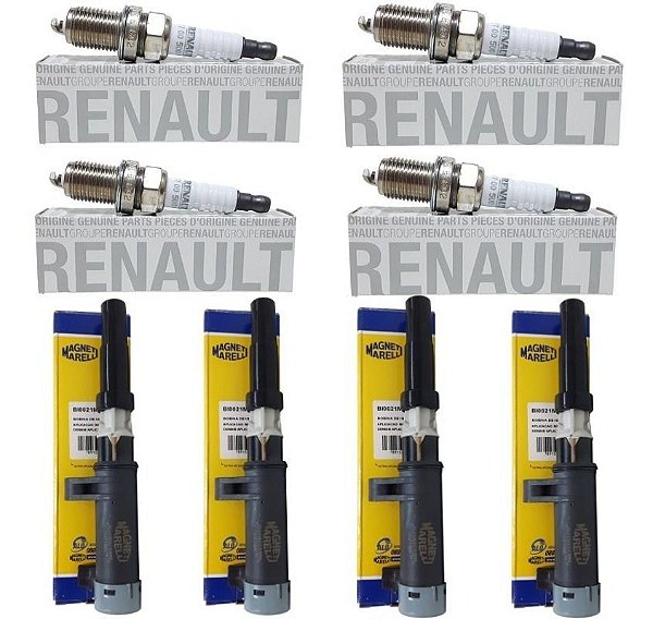 4 Bobinas + Jogo Velas Ignição Renault Clio Sandero Symbol Duster Megane Scenic logan 1.6 16v Flex