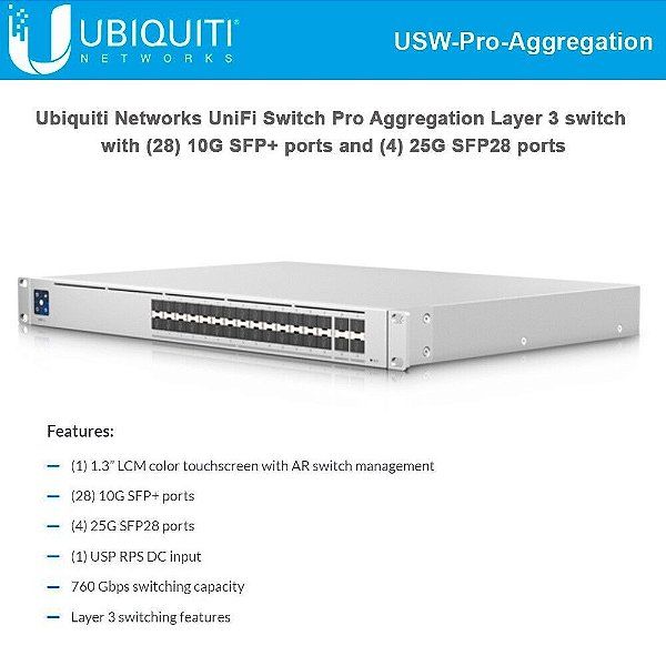 Switch Core Ubiquiti USW-PRO-AGGREGATION UNIFI 28 portas SFP+ 10G 4 portas SFP28 25G Agregação